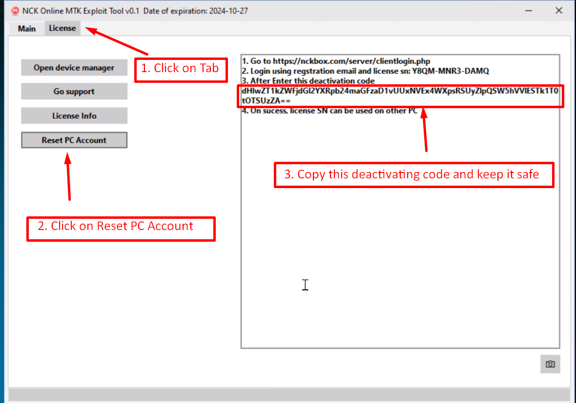 Step 1: Reset PC Account button and deactivation code in the software