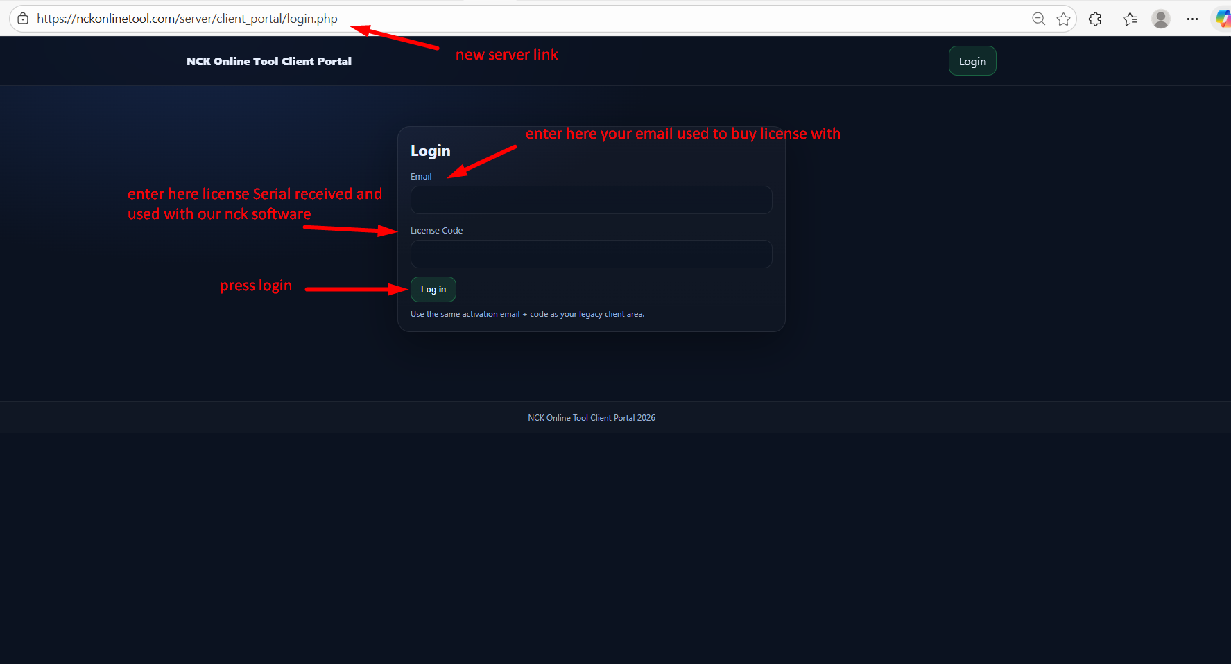 Step 3: Client Portal login page (Email + License Code)