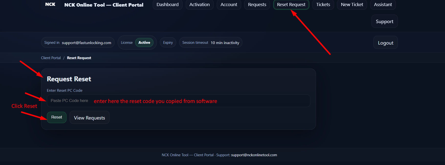 Step 4: Reset Request page (paste reset code and click Reset)