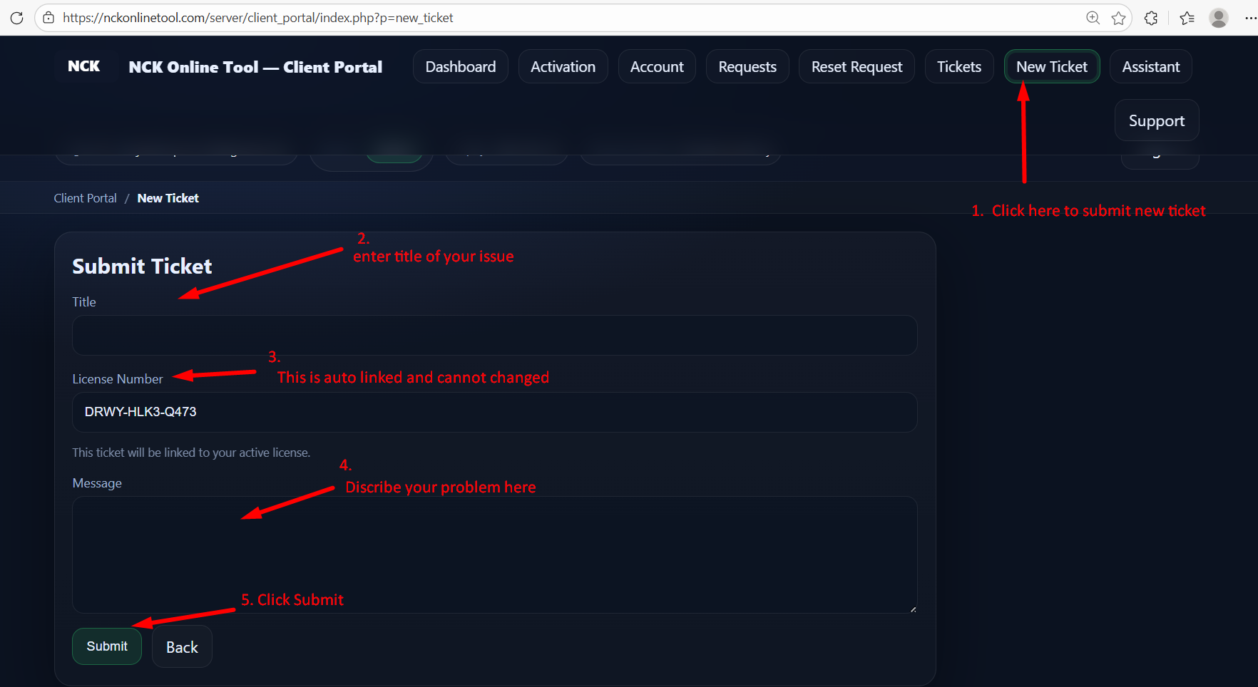 New Ticket form in the client portal